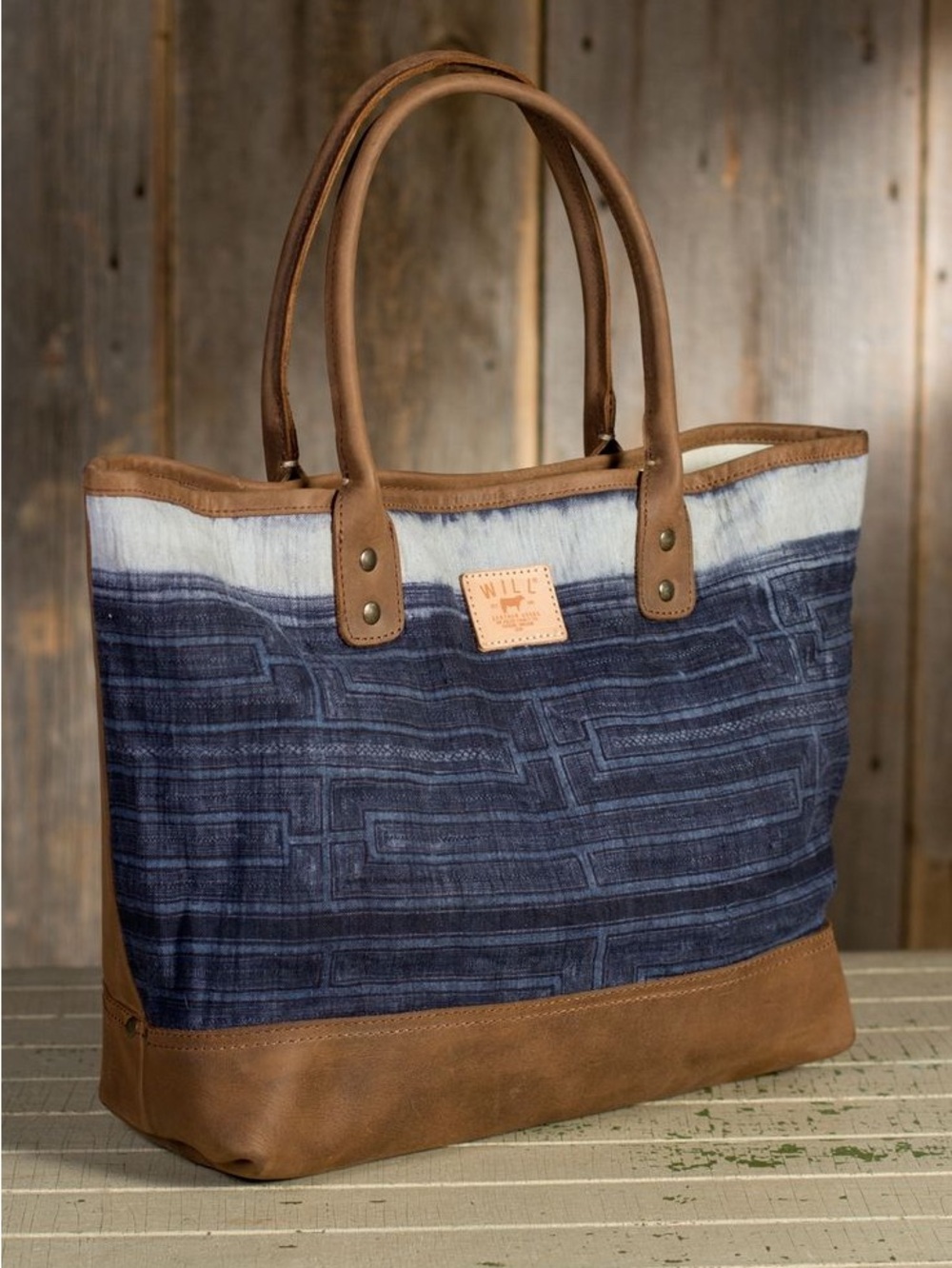 Will Leather goods Batik indigo and leather weekender Beach tote bag